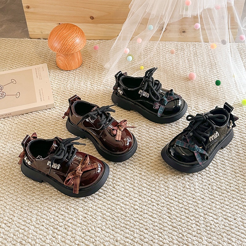 Britische Lederschuhe für Mädchen mit Schleife, Strass-Karo-Design, Frühling/Sommer, College-Stil, einzelne Schuhe_voghion.com
