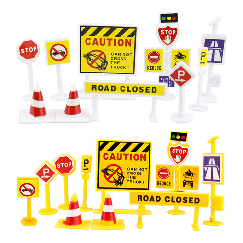 Excavator engineering road signs indicating traffic roadblocks warning signs traffic light signs children's scene cake decoration