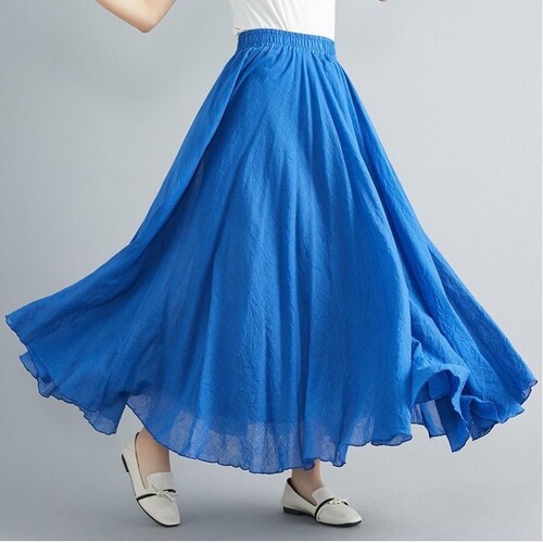 New ethnic-style retro Mori girl artistic large-flared solid-color slimming cotton-linen skirt with ruffled hem—women's midi skirt