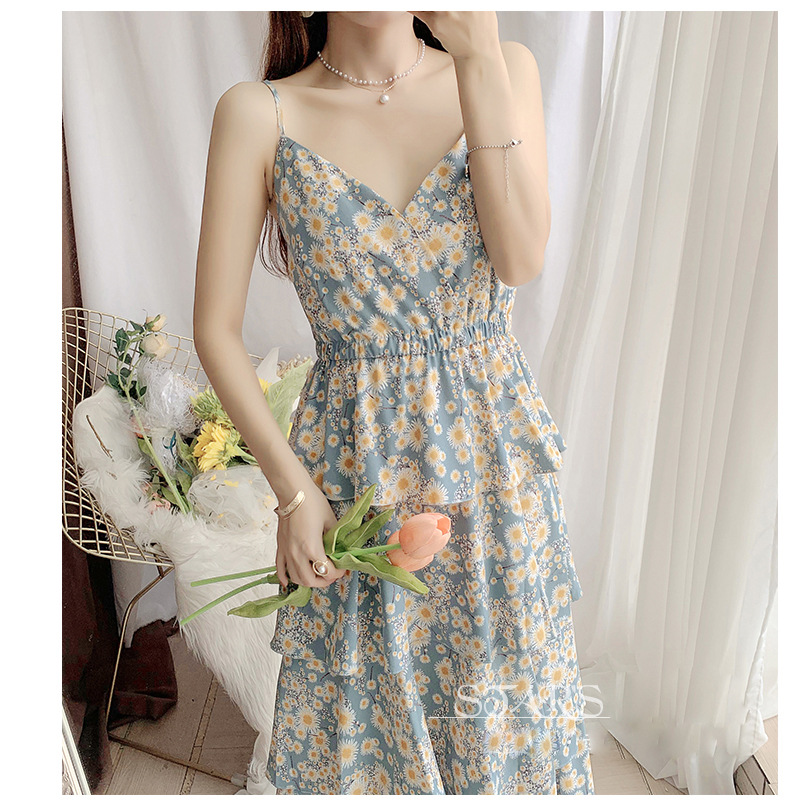 fashion sunscreen long-sleeved chiffon shirt suspender floral dress two-piece set NSFYF56248