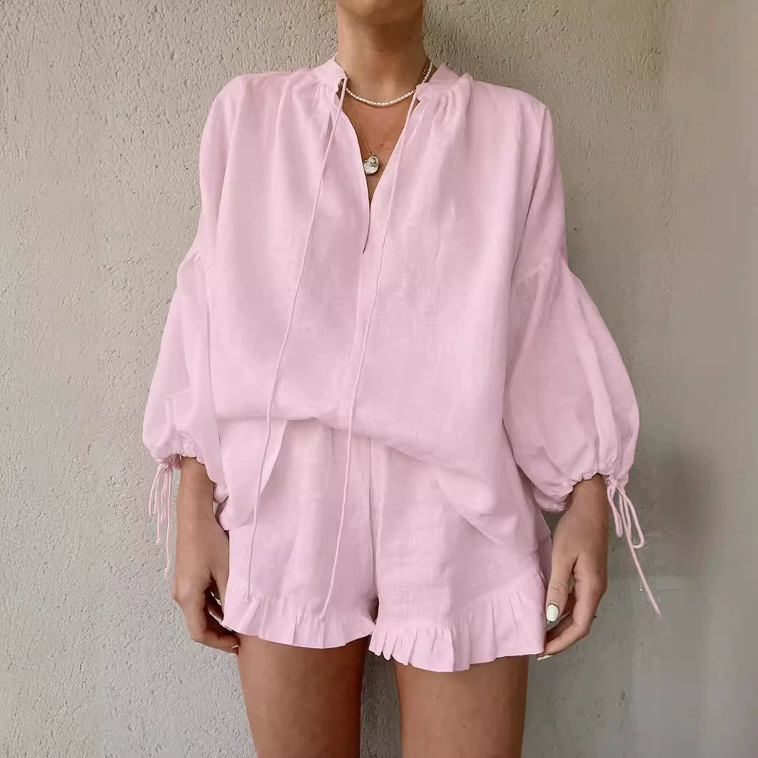 Summer Two-Piece Set, Cotton-Linen V-Neck Top & High-Waist Shorts, Women's S–XXL