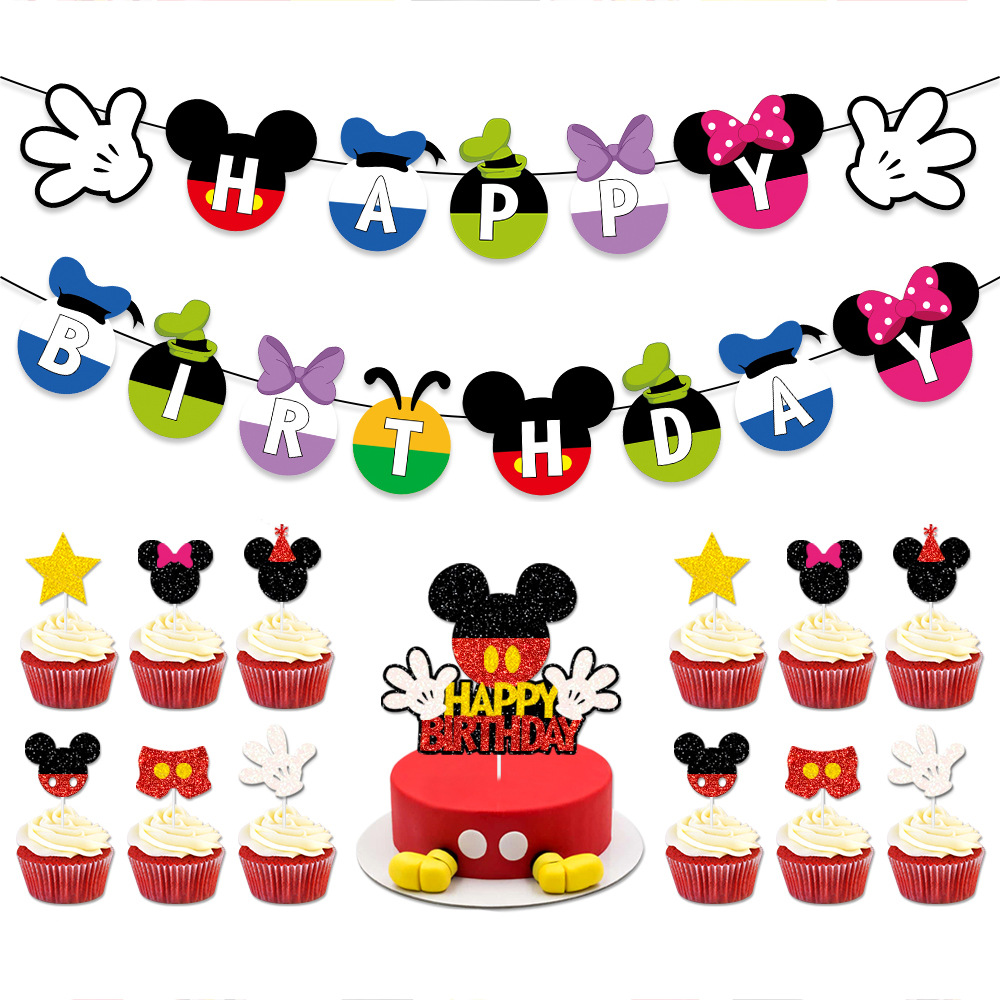 Nuevo ratón de dibujos animados tema fiesta de cumpleaños decoración Feliz cumpleaños bandera pastel tarjeta plug-in