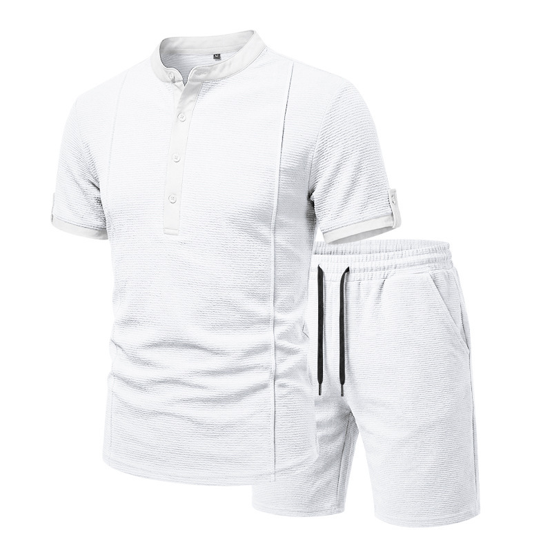 Men's Casual Henley Short Sleeve T-Shirt And Shorts Set Comfort-Focused Polyester Design for Summer_viptrois.com