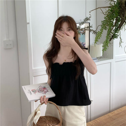 French-style fluffy spaghetti strap outerwear design with pleated tie straps, women's summer loose covering tummy and flesh, plus-size top