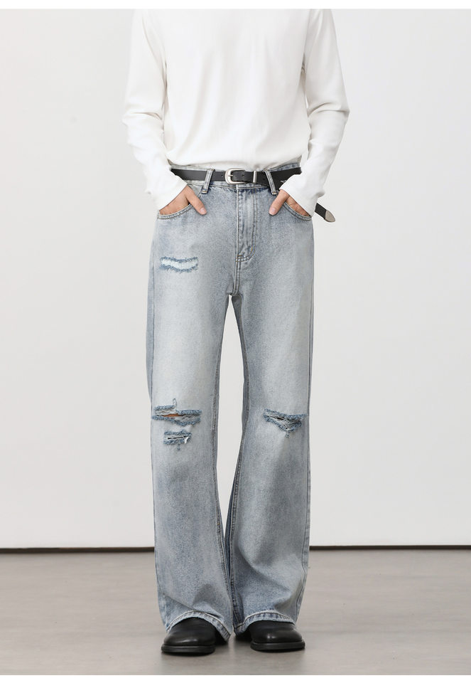 Quần jean nam ống loe nhẹ rách gối phong cách retro, dáng rộng ống suông tôn dáng, quần dài casual — Xanh nhạt, Xanh đậm chi tiết 25