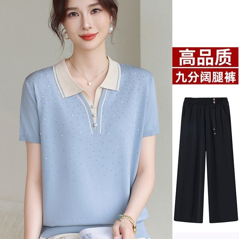 Middle-Aged and Elderly Women's Clothing, Lapel Mother's Day Suit, Ice Silk Mom's Summer Outfit, Short-Sleeved Blouse, Fashionable Young-Style Shirt Middle-Aged and Elderly Women's Clothing, Lapel Mother's Day Suit, Ice Silk Mom's Summer Outfit, Short-Sleeved Blouse, Fashionable Young-Style Shirt