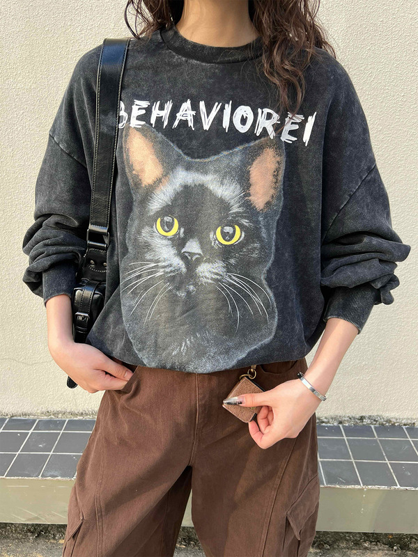 2025冬季水洗做旧猫咪印花上衣宽松圆领中长款时尚潮流卫衣85311|undefined