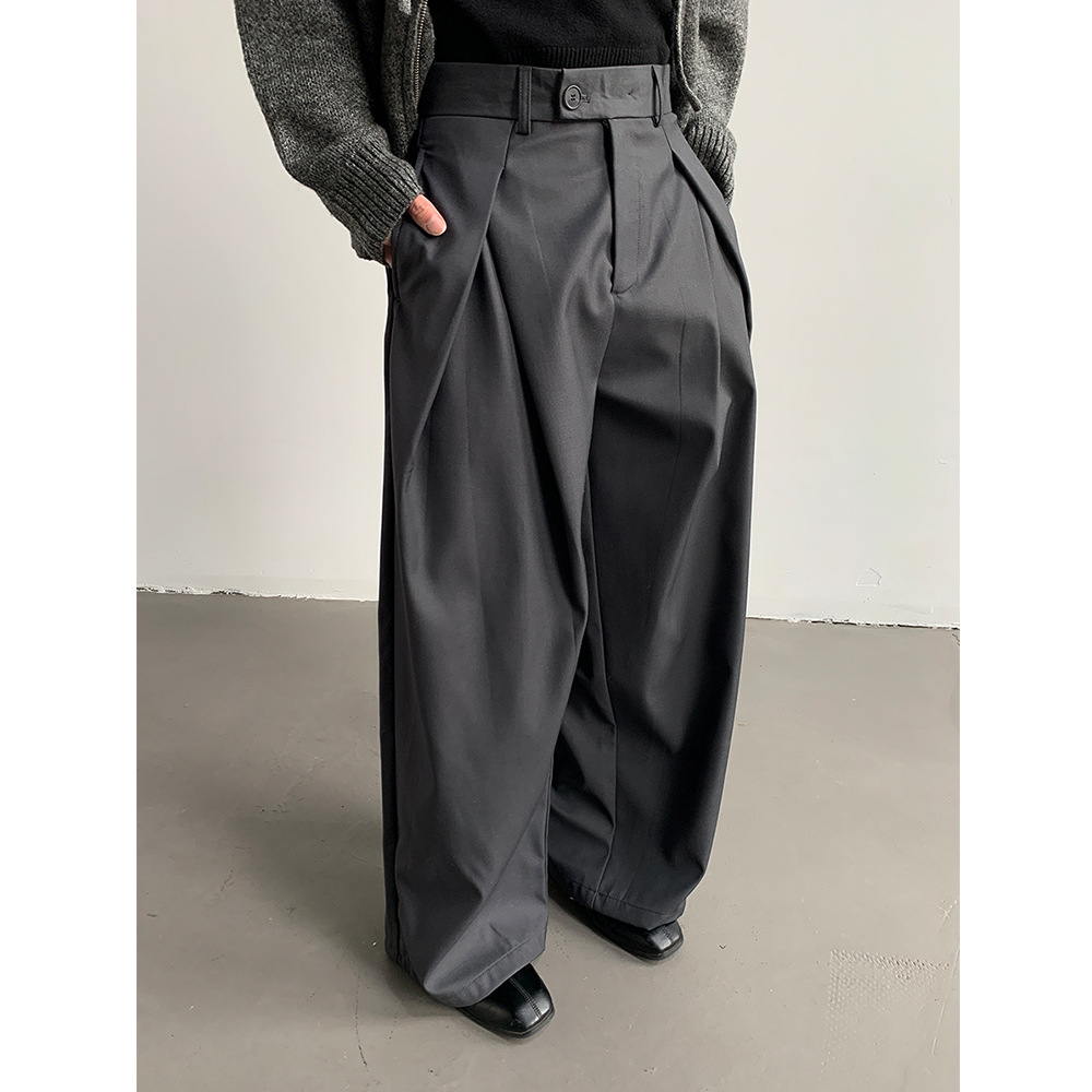 Gray High-End Pleated Design Men's Trousers Retro Simple Loose Versatile Wide-Leg Floor-Length Casual Trousers