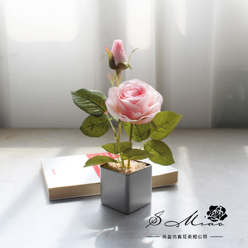 Flores simuladas de tres cabezas de rosa pequeña decoración creativa bonsai fábrica de decoración directa para plantas verdes artificiales falsas macetas simuladas image 17