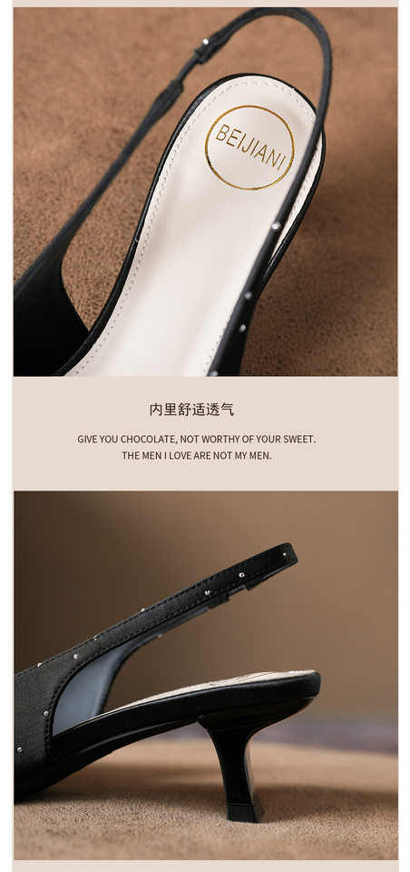 Sandal nữ bít mũi hở gót chất liệu satin đính đá, gót vuông thấp 3–6 cm — Màu be, Màu hồng nhạt, màu đen chi tiết 6