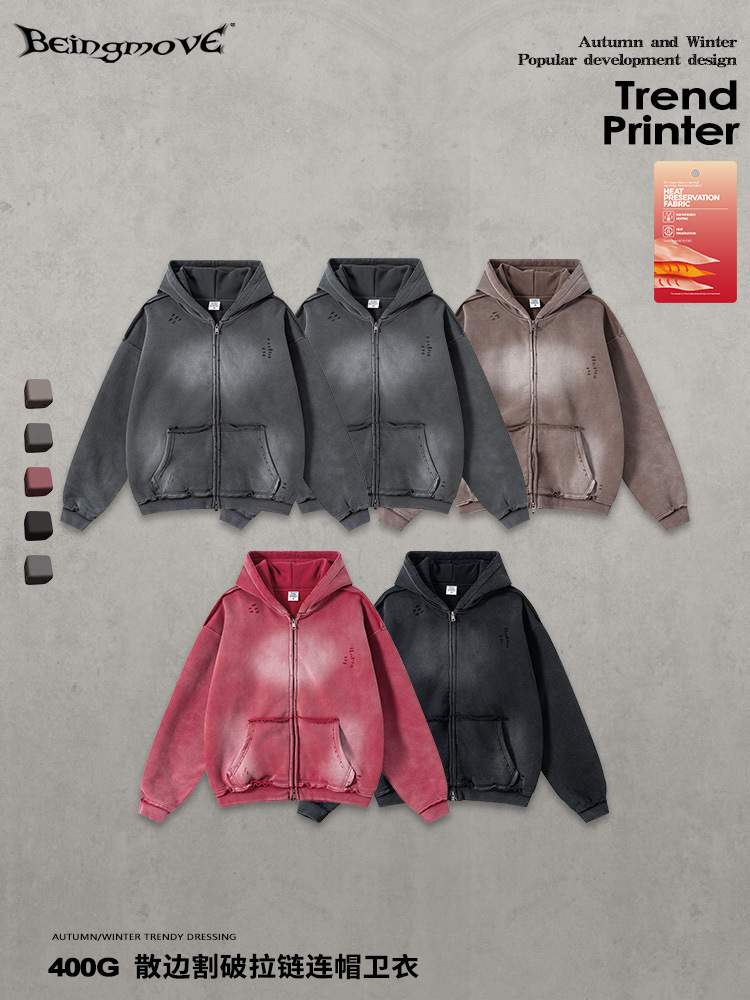 Calle seca 2025 otoño americano retro spray caballo cortado camisa con sombrero chaqueta con cremallera con sombrero cardigan chaqueta hombre