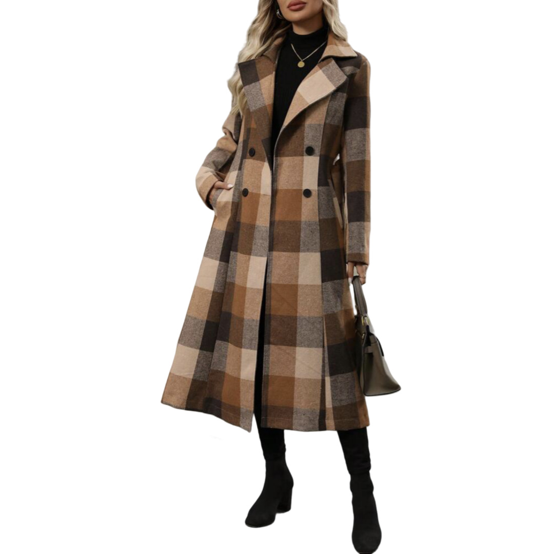 Damen-Doppelreiher-Mantel aus Wollmischung mit Reverskragen, Bindegürtel und langem Design – Lässiger Wintermantel 2026_voghion.com
