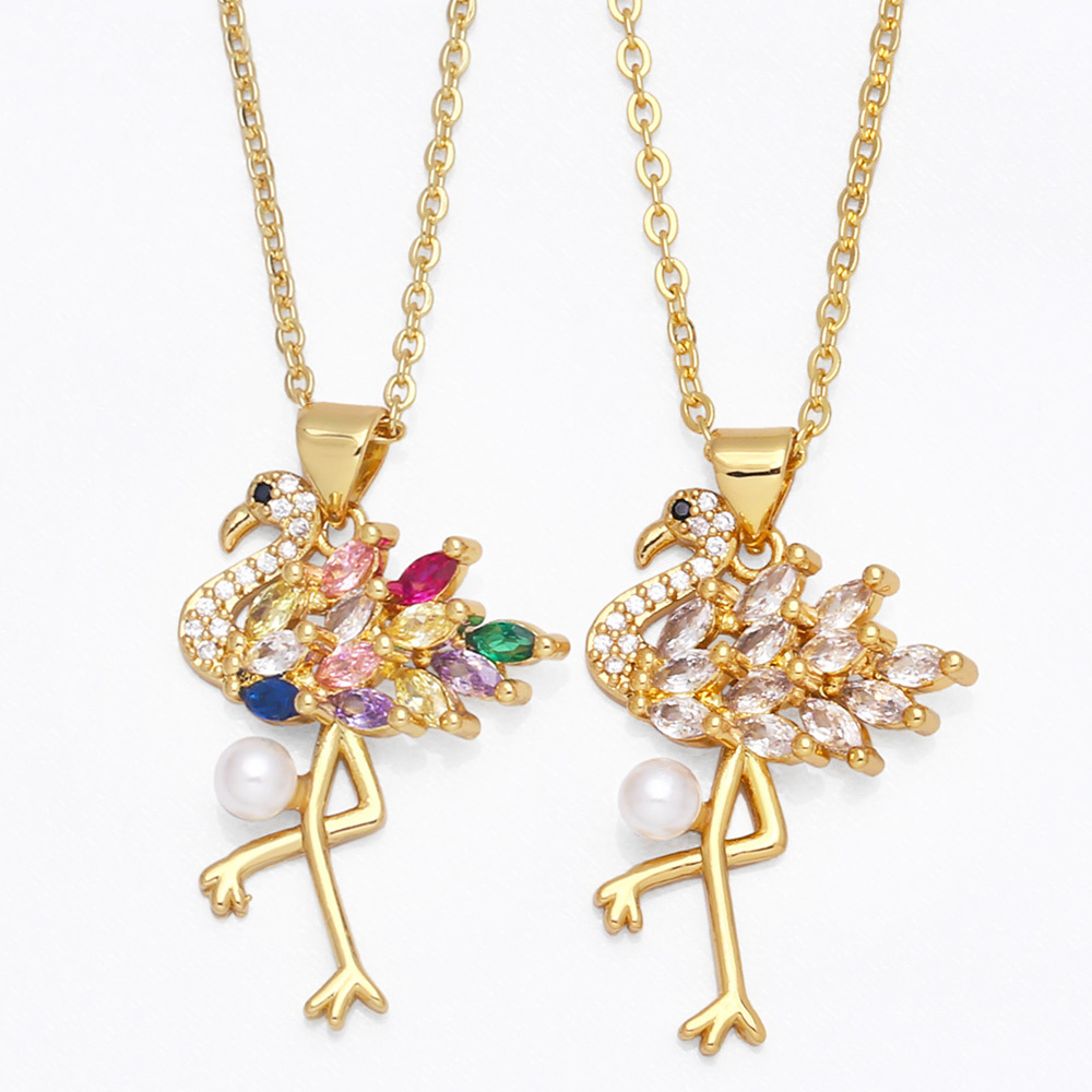 fashion color zircon bohemian flamingo copper necklace wholesalepicture1