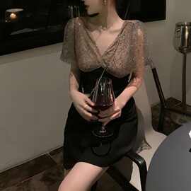欧洲站法式高端精致轻奢初恋裙子气质宴会小礼服千金风V领连衣裙