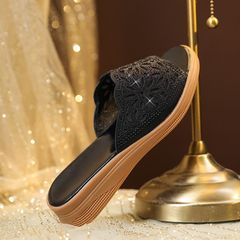 Soft leather hollow rhinestone sandals for women's outer wear summer new middle-aged and elderly fashion thick-soled casual shoes flip-flops