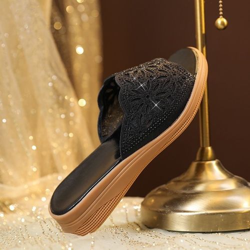 Soft leather hollow rhinestone sandals for women's outer wear summer new middle-aged and elderly fashion thick-soled casual shoes flip-flops