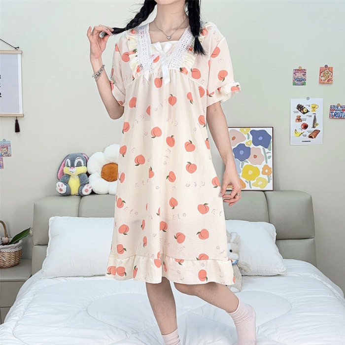 Pijama de mujer de verano tejido espuma tejida tela arrugada pijama de mangas cortas princesa vestido de viento suelto vestido de casa de verano