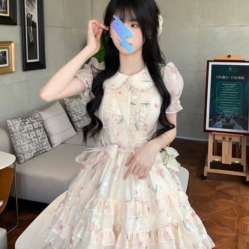 ベビードールカラー甘くて可愛い小ぶりな生花ワンピース夏中学生・高校生ロリータ花柄プリンセススカート|undefined