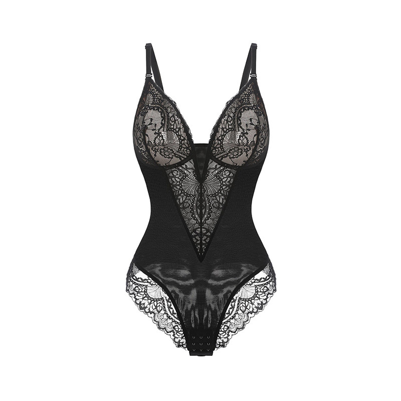 Cross-border European and American lace hollowed out bodysuit sexy corset underwear women's belly lift hips plus size shapewear