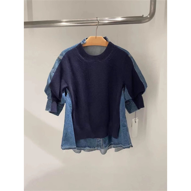 Fog Sacai Ss2023 Japanese Design-Inspired Sweater Half-Sleeve Loose Knit Denim Patchwork Short-Sleeve Top for Women