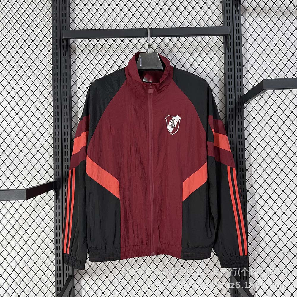 Riverbed maroon windbreaker jacket with embroidery, pre-match training warm-up outfit, sports casual spring and autumn style for men