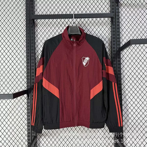 Riverbed maroon windbreaker jacket with embroidery, pre-match training warm-up outfit, sports casual spring and autumn style for men