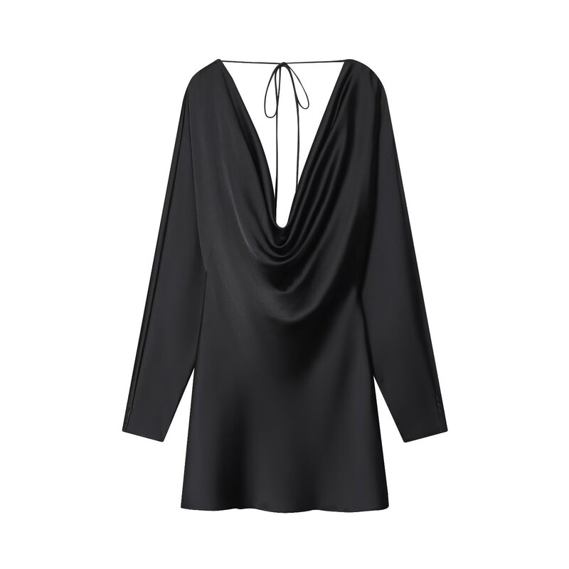 Yg2026 European and American Fashion Spring New Silk Satin Texture Dress Versatile Swing Collar Slim Fit Long Sleeve Mini Dress Yg2026 European and American Fashion Spring New Silk Satin Texture Dress Versatile Swing Collar Slim Fit Long Sleeve Mini Dress