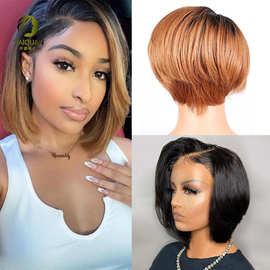 真人发斜分13*1前蕾丝Pixie Cut Human Hair Wig小精灵假发头套