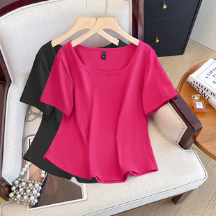 120kg Plus Size Square Neck Red and Black Oversized Loose Cropped T-Shirt Fashion Knitwear 3501