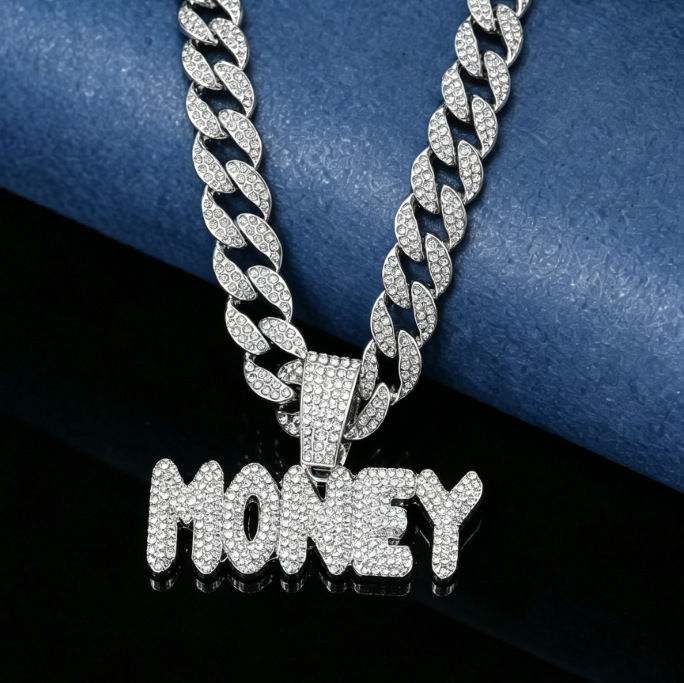 Nicho para hombres aleación ecológica hip-hop calles viento lleno de letras de cadena MONEY personalidad masculina collar cubano image 1