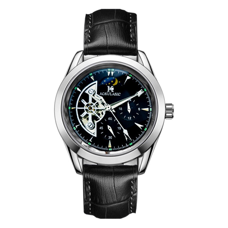 Ogulas hueco-hacia fuera gran volante automático reloj mecánico reloj de los hombres impermeable luminoso fase lunar reloj multifuncional 1781