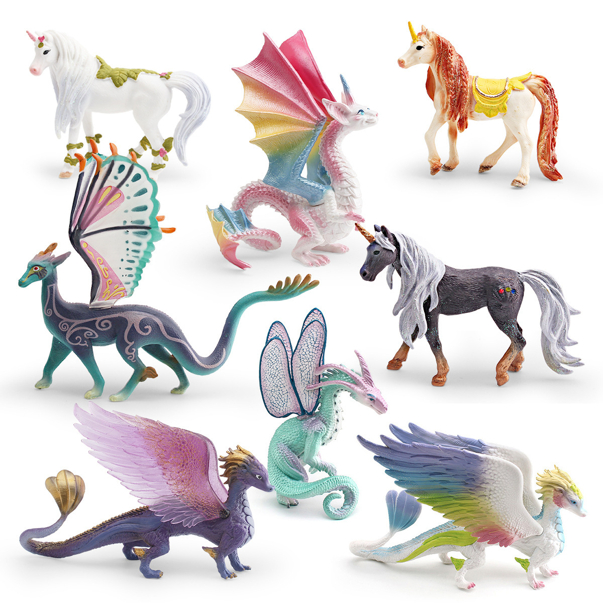 Simulación transfronteriza de mitología occidental monstruos animales modelo infantil unicornio arco iris caballo libélula adornos dragones voladores