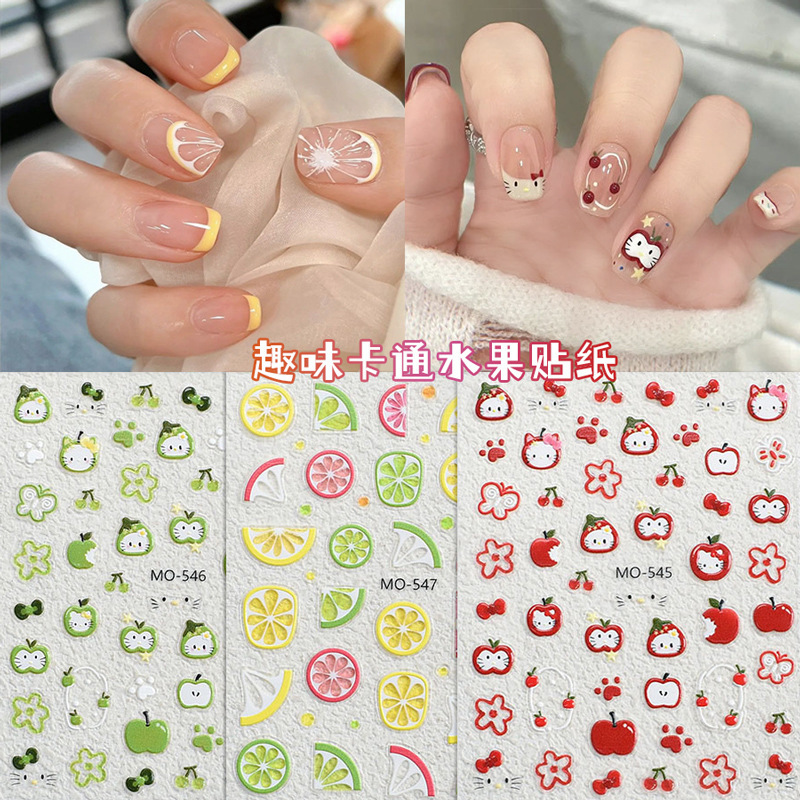 Red Apple Kitty Cartoon Nail Art Sticker Embossed Stereo Green Apple Small Cherry Lemon Fruit DIY Nail Sticker