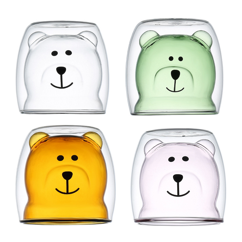 Taza de vidrio de borosilicato de doble capa, diseño de oso lindo, ideal para leche, café, jugos y bebidas frías o calientes