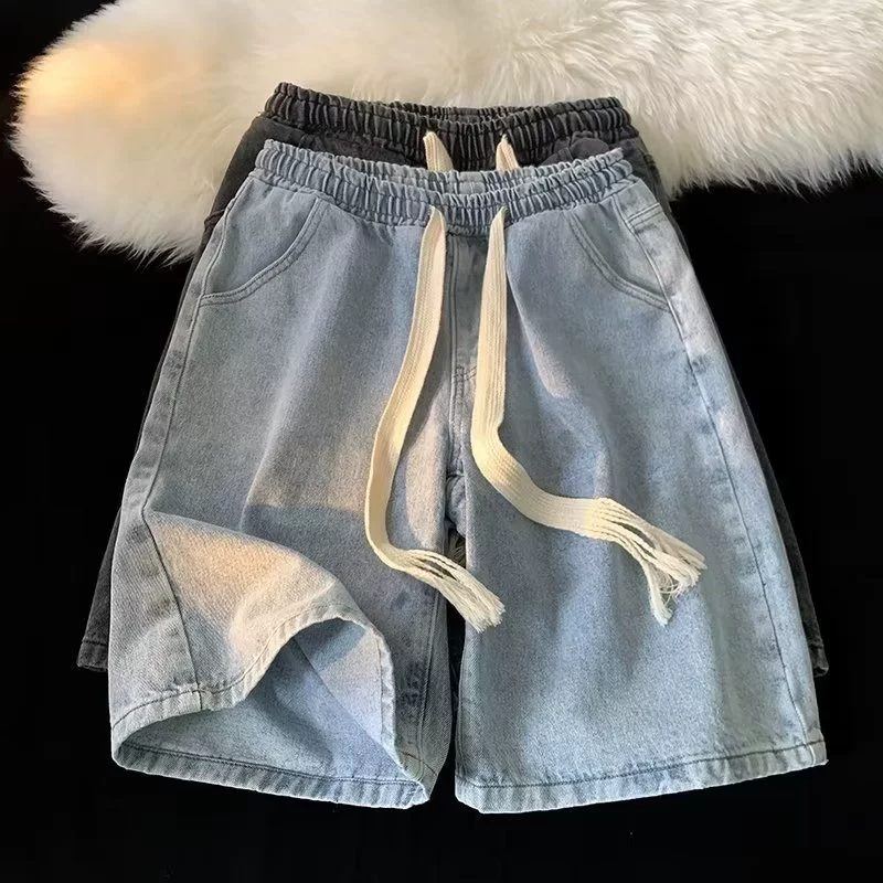 Джинсовая юбка, летние тонкие шорты, ретро брюки для отдыха, шнурок на поясе, свободный прямой крой, оверсайз
