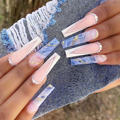 Cross-border direct supply of simple French blue and white smudged plaid manicure European and American fake nail patches wearable nails removable