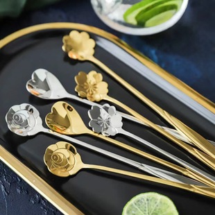 Stainless Steel Golden Cherry Blossom Spoon Coffee Long Spoon Mug Spoon French, Italian, Japanese and Korean Dessert Spoon Printable LOGO