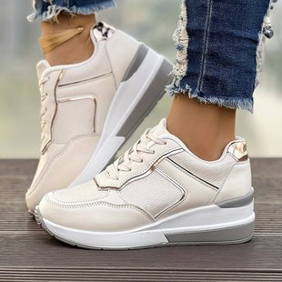 2025 Spring and Autum New Color-Blocked Lace-Up Wedge-Heeled Thick-Soled Women's Shoes Cross-Border Large Size Comfortable Sports and Casual Shoes for Women