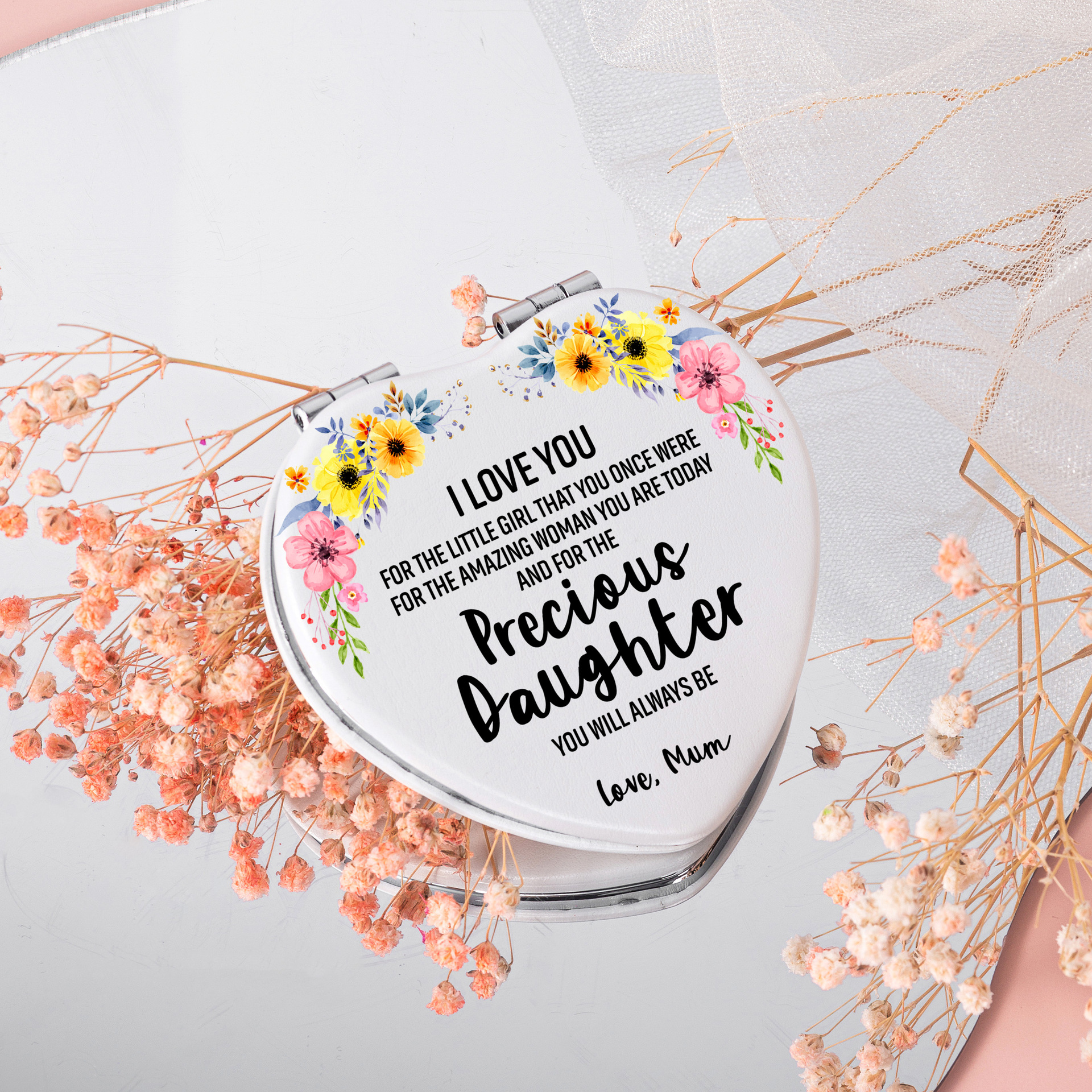 Espejo portátil con funda de PU en forma de corazón, estilo ins