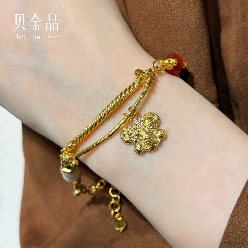 足金999承古彝图腾链镯新中式镶嵌复古纯金手链送老婆女友礼物