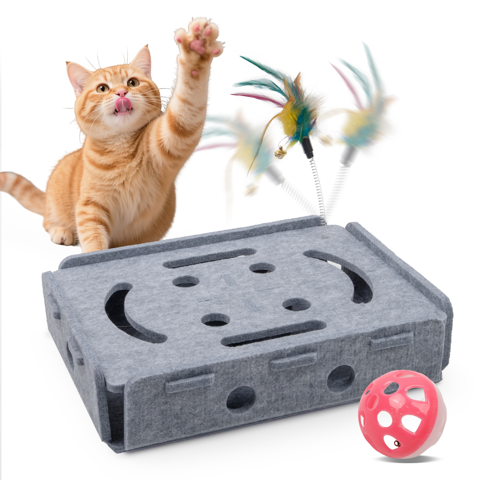 猫の退屈解消ツール、ペットの知育迷路、穴あきフェルトボックス、猫じゃらしスティック、ベルボール、猫のおもちゃ