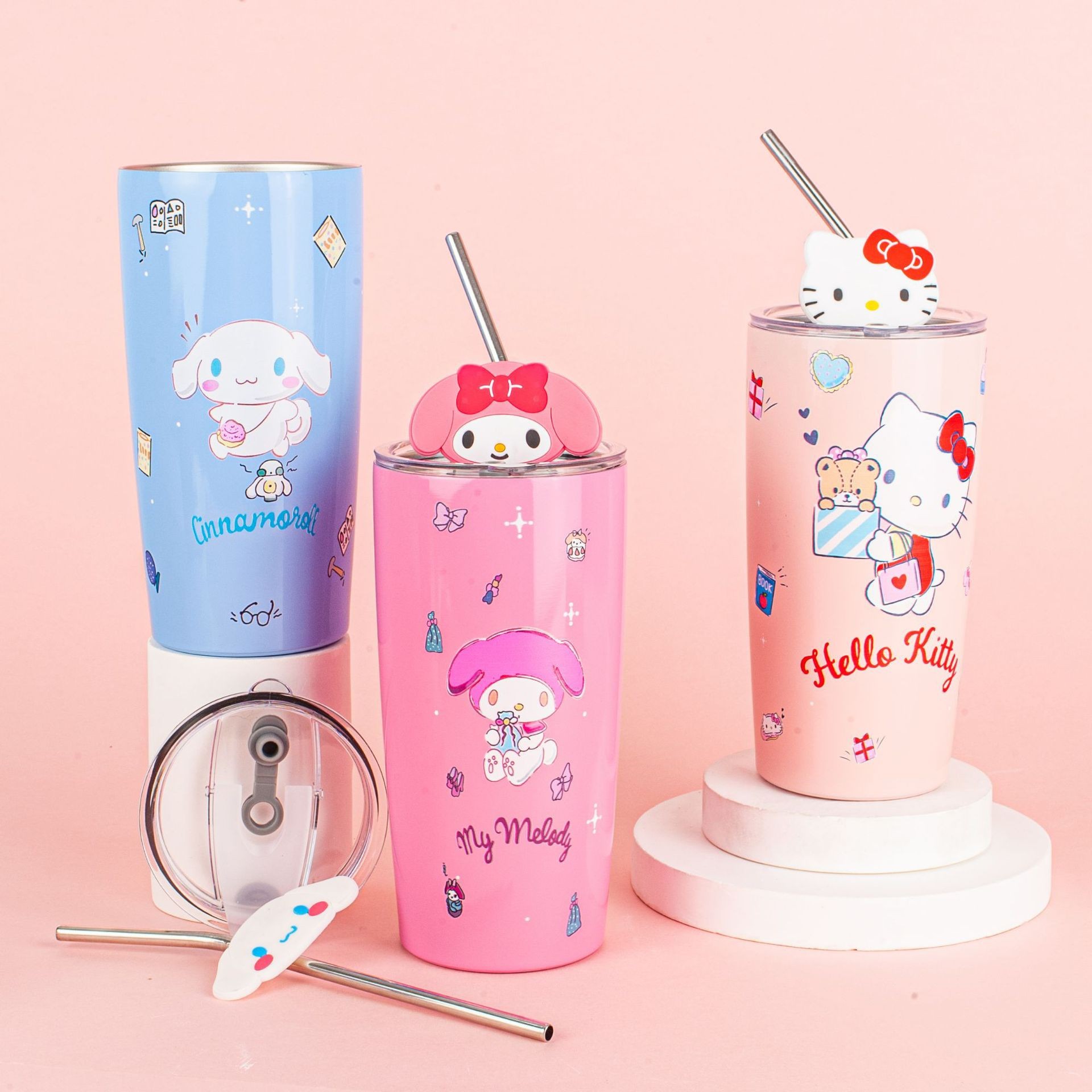 El Comercio exterior popular Sanrio paja café taza de vacío de acero inoxidable de dibujos animados nueva imagen linda muñeca de silicona taza de paja