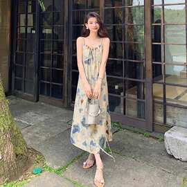 新中式吊带连衣裙水墨画扎染小众设计文艺国风长裙度假风拍照裙子