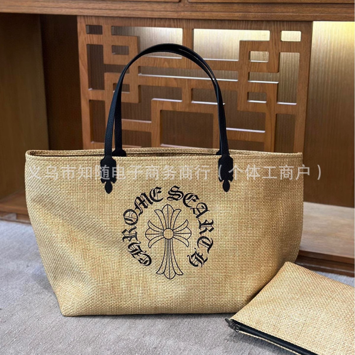 度假沙滩包草编编织包手提包单肩托特包印花款十字架大容量购物袋