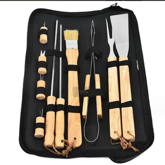 Fuente de fábrica BBQ herramientas de parrilla accesorios de parrilla al aire libre mango de madera parrilla de acero inoxidable 10 piezas