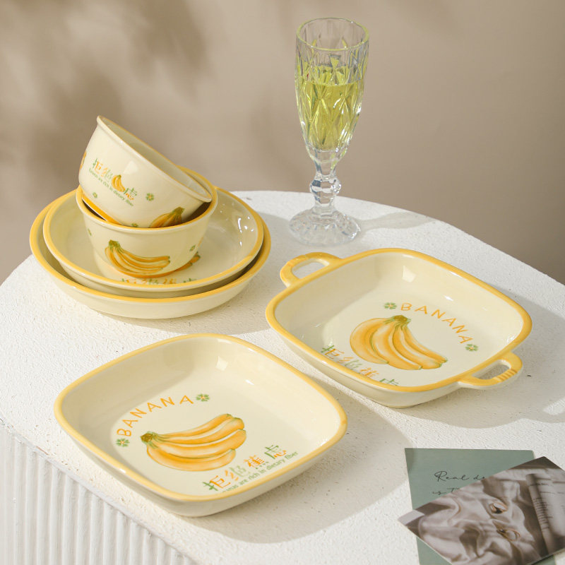 Ceramic Tableware Set for One Person, Rice Bowl, Dish Plate, Noodle Bowl, Household Underglaze Color Trendy Bowl and Plate