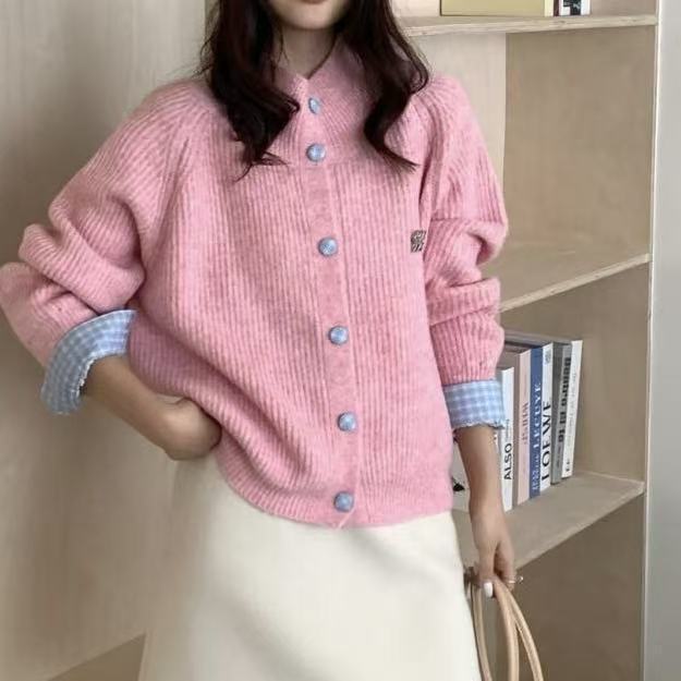 2025韩系假两件针织衫开衫女早秋设计感毛衣外套秋冬小个子感上衣|undefined