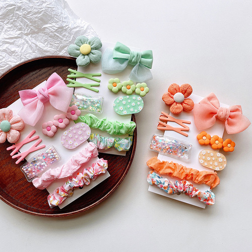 Korean style cute fabric flower children's hair clip set spring color bow bangs clip floral pleated hair tie