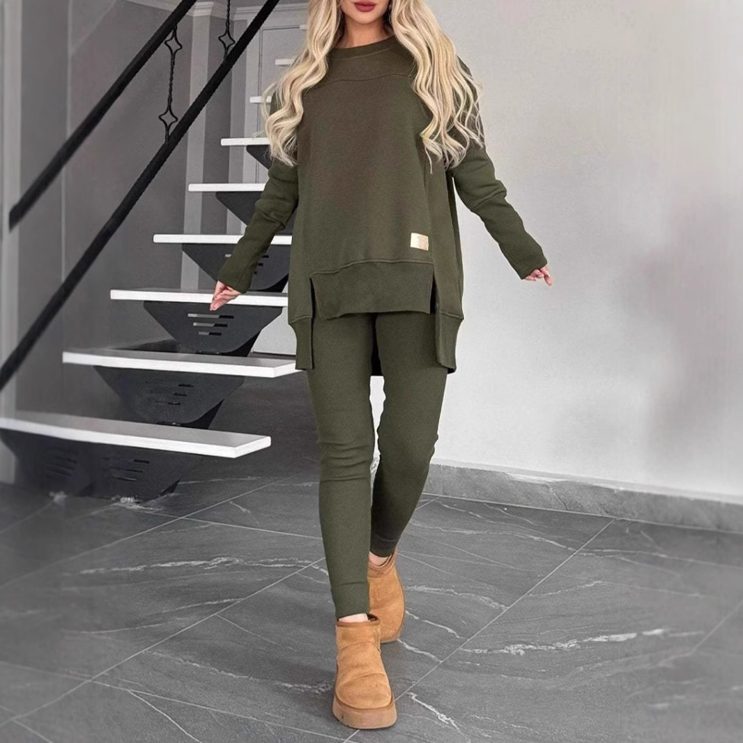 Women's Clothing autumn and winter hot selling women's tops slit long sleeved round neck casual solid color suit_voghion.com