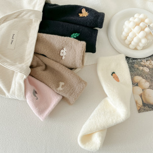 Autumn and winter warm Women's Australian velvet mid-calf socks thickened socks women's Japanese cartoon AB embroidery fleece-lined sleep socks confinement socks